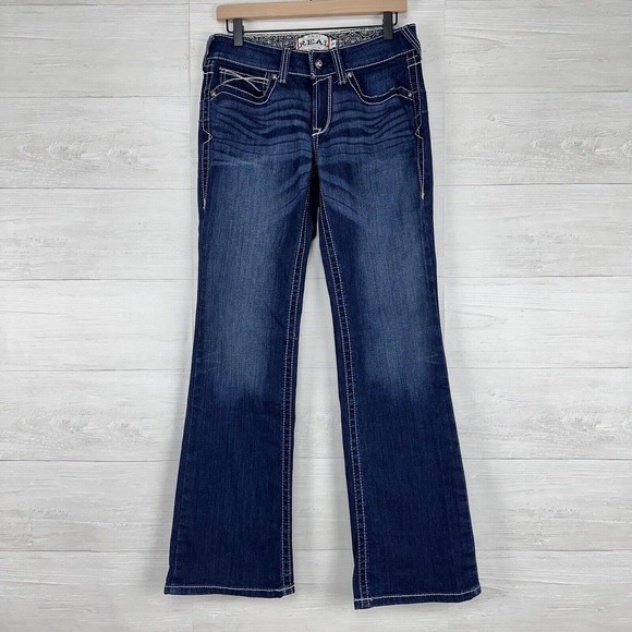 Ariat Real Rosy Denim Jeans Women 29R (29x32) Low Rise Boot Cut Blue Dark Wash - Picture 2 of 15
